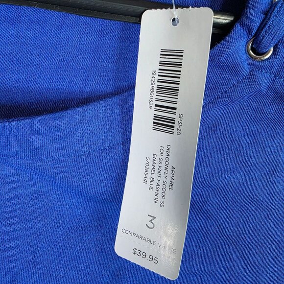 Womens Chico's Blue Knit Blouse Short Sleeve Round Neck Cotton Blend Size 3 - Picture 3 of 9